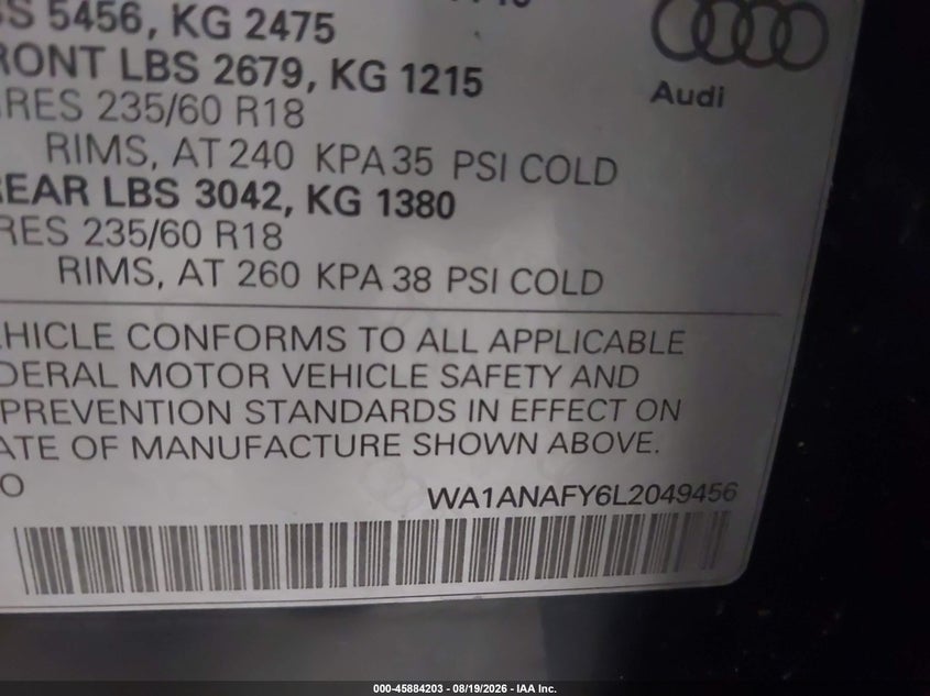 AUDI Q5 2020 VIN WA1ANAFY6L2049456