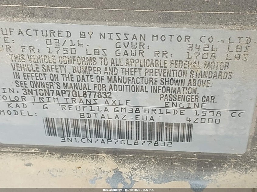 NISSAN VERSA 2016 VIN 3N1CN7AP7GL877832