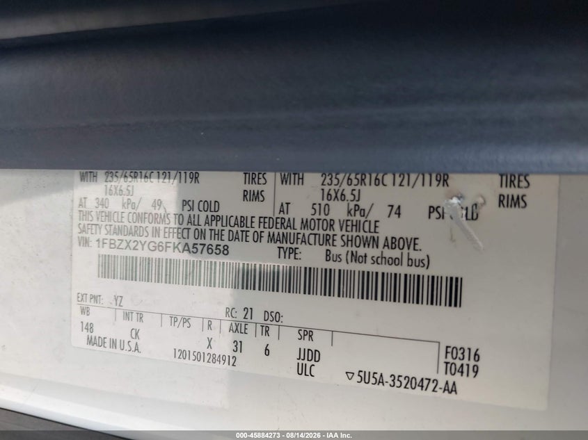 FORD TRANSIT-350 2015 VIN 1FBZX2YG6FKA57658
