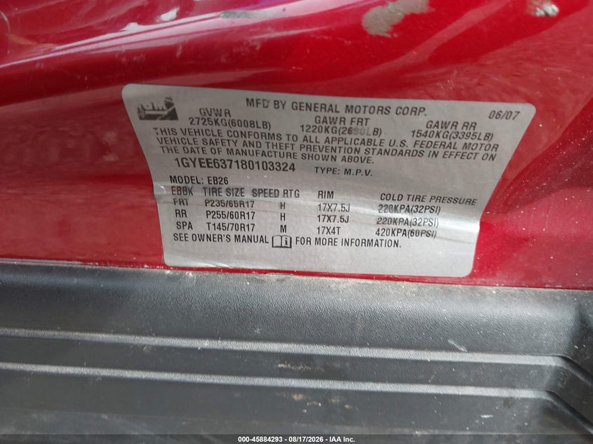 CADILLAC SRX 2008 VIN 1GYEE637180103324
