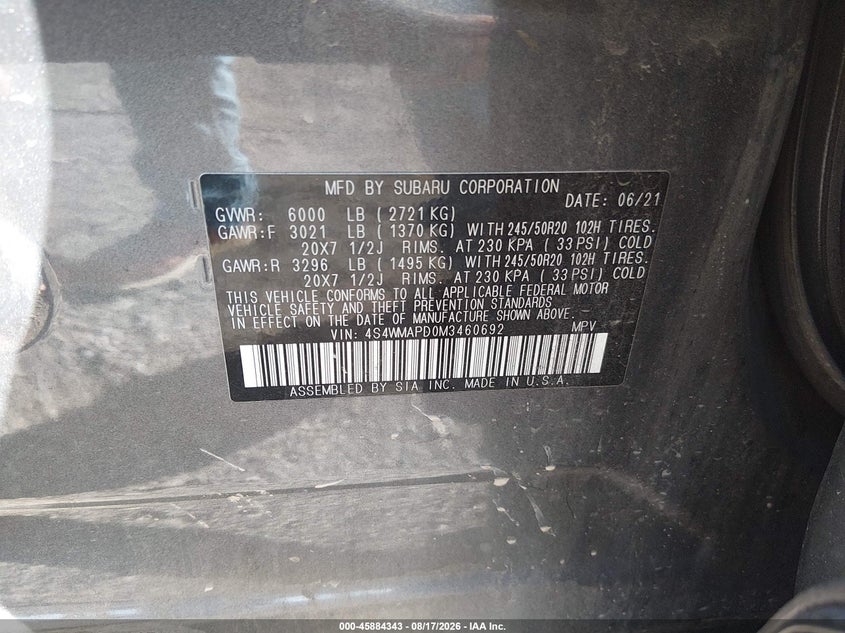 SUBARU ASCENT 2021 VIN 4S4WMAPD0M3460692