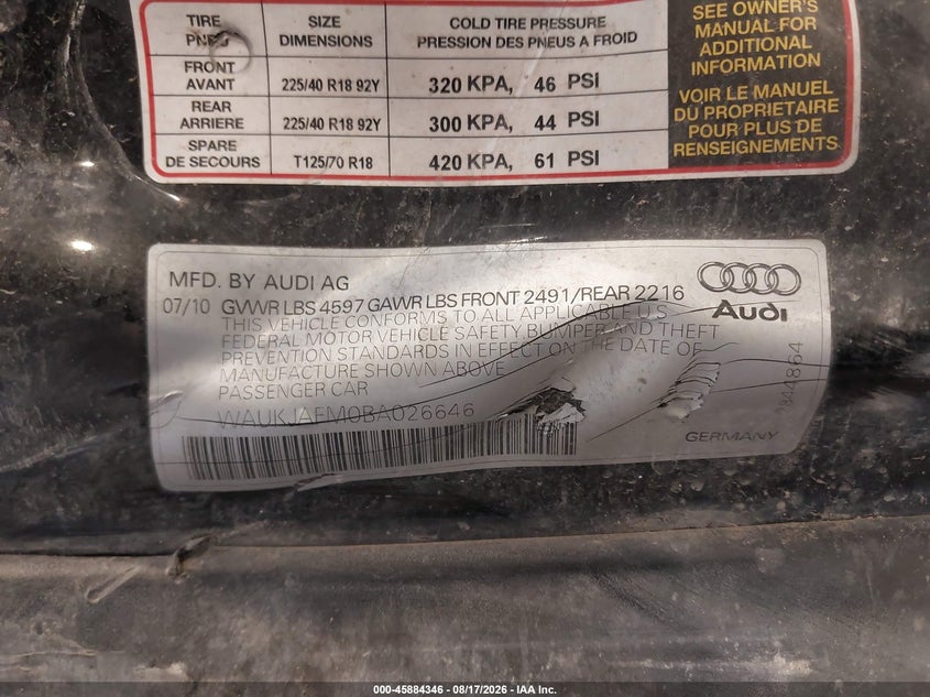 AUDI A3 2011 VIN WAUKJAFM0BA026646