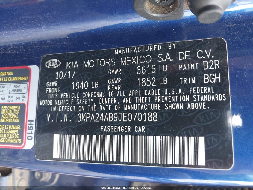 KIA RIO 2018 VIN 3KPA24AB9JE070188