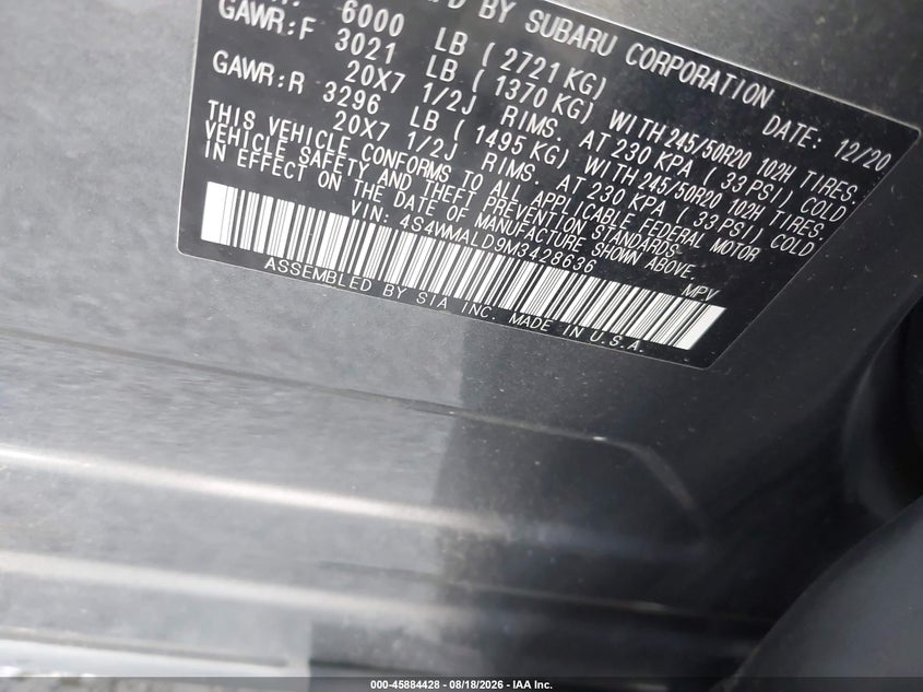 SUBARU ASCENT 2021 VIN 4S4WMALD9M3428636