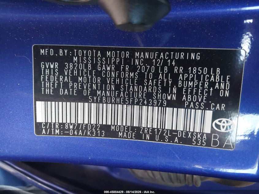 2015 TOYOTA COROLLA SEDAN 1.8L I-4 DOHC, VVT, 132HP