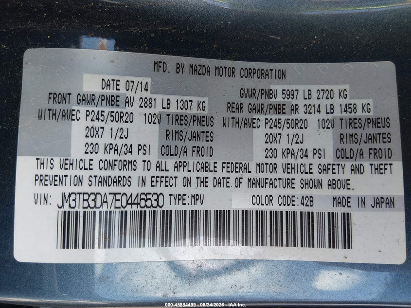 MAZDA CX-9 2014 VIN JM3TB3DA7E0446530