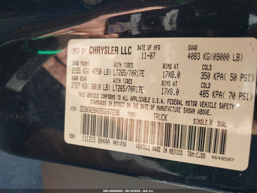 DODGE RAM 2500 2008 VIN 3D3KR28A28G167238