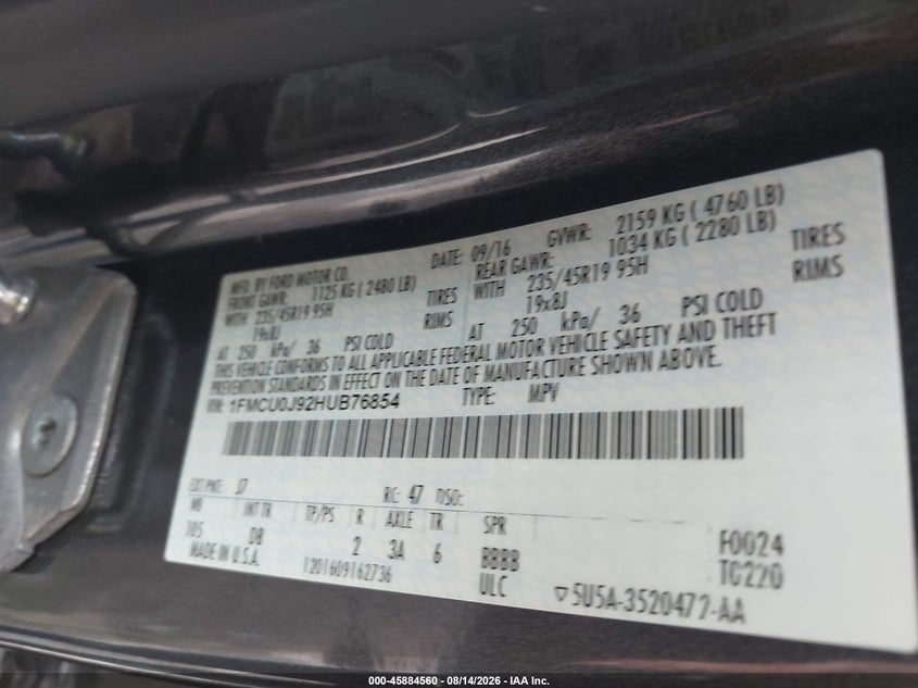 FORD ESCAPE 2017 VIN 1FMCU0J92HUB76854