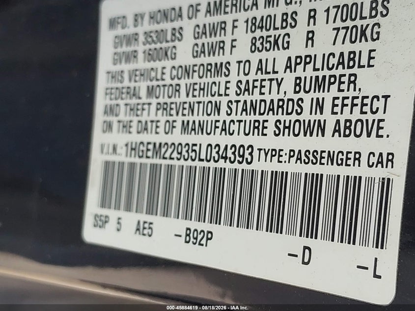 2005 HONDA CIVIC COUPE 1.7L I-4 VVT, 127HP