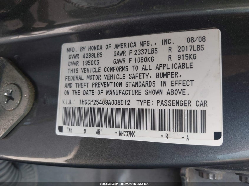 HONDA ACCORD 2009 VIN 1HGCP25409A008012