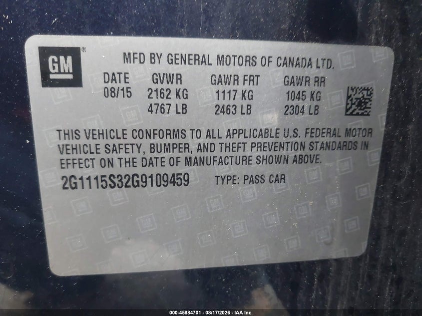 2016 CHEVROLET IMPALA SEDAN 3.6L V-6 DI, DOHC, VVT, 305HP