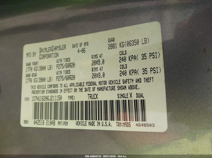 DODGE RAM 1500 2006 VIN 1D7HU16206J211150
