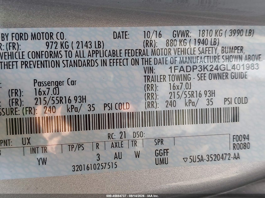 FORD FOCUS 2016 VIN 1FADP3K24GL401983