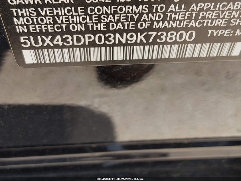 BMW X3 2022 VIN 5UX43DP03N9K73800