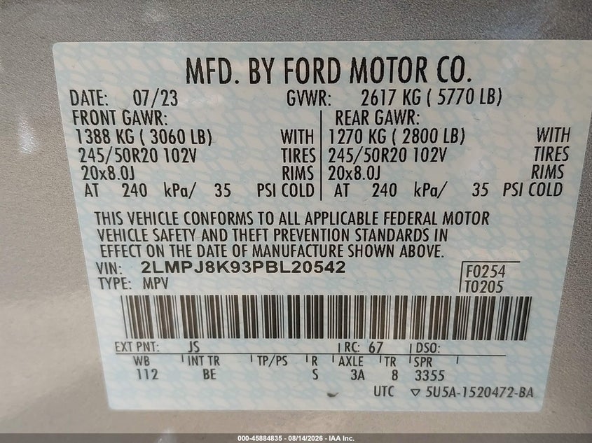 LINCOLN NAUTILUS 2023 VIN 2LMPJ8K93PBL20542