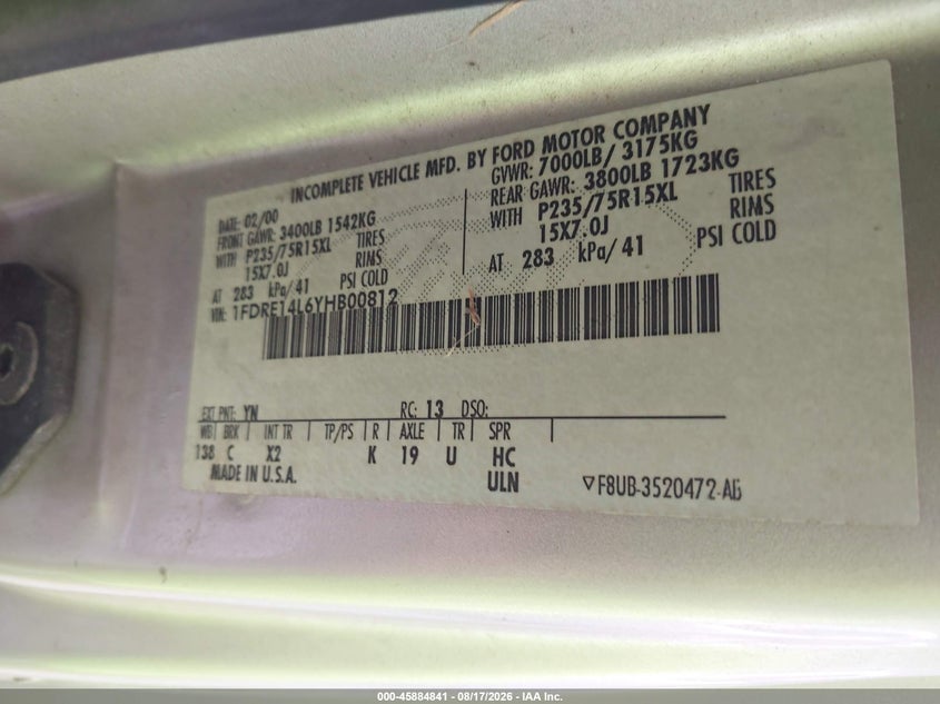 FORD E-150 2000 VIN 1FDRE14L6YHB00812