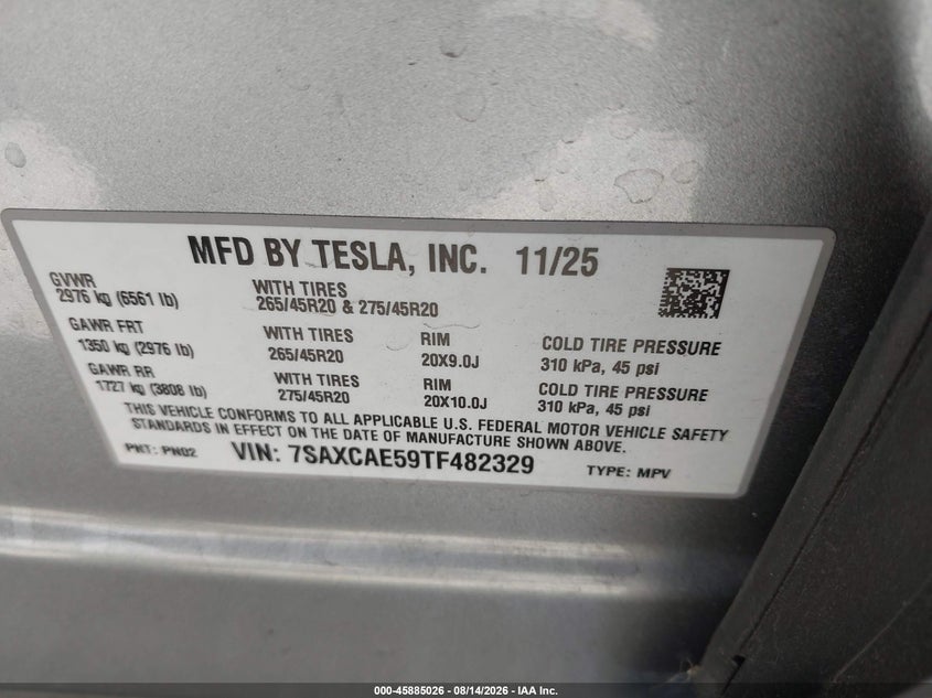 TESLA MODEL X 2026 VIN 7SAXCAE59TF482329