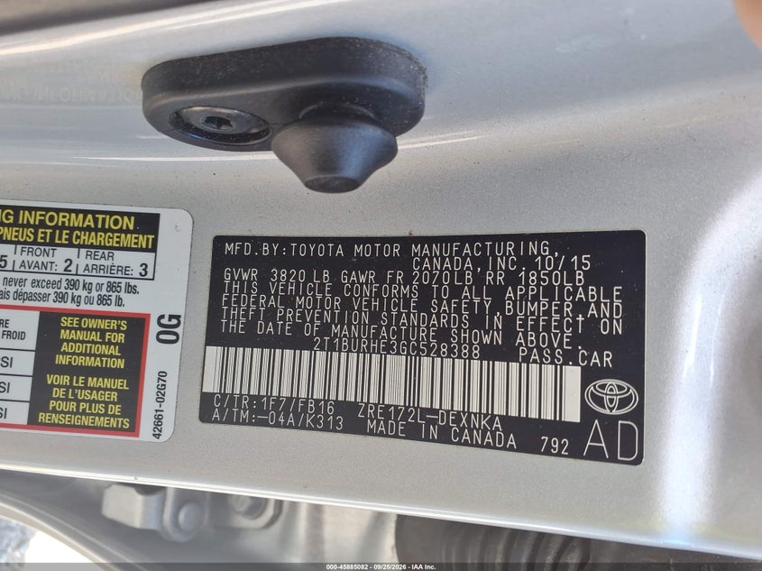 TOYOTA COROLLA 2016 VIN 2T1BURHE3GC528388