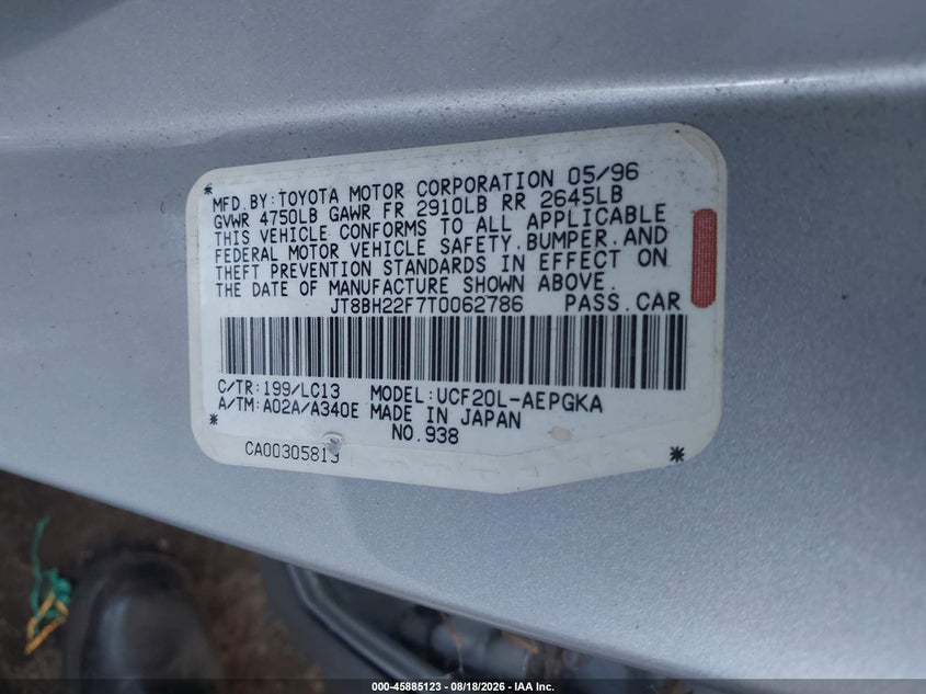 LEXUS LS 1996 VIN JT8BH22F7T0062786