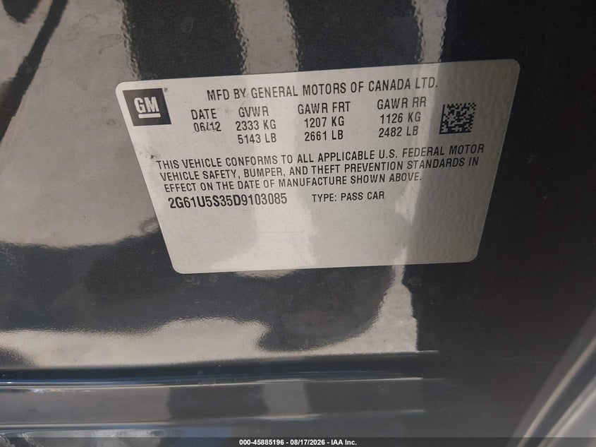 CADILLAC XTS 2013 VIN 2G61U5S35D9103085
