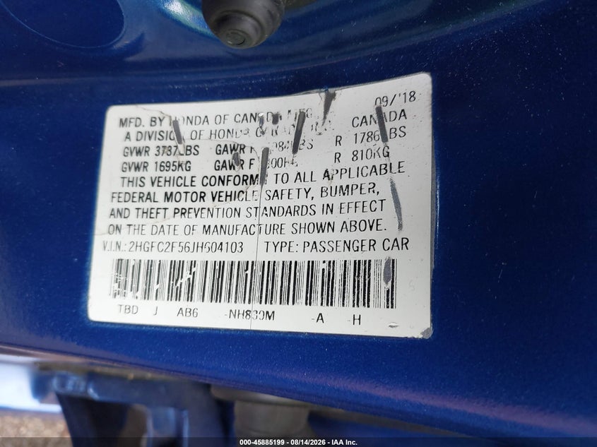 2018 HONDA CIVIC SEDAN 2.0L I-4 DOHC, VVT, 158HP