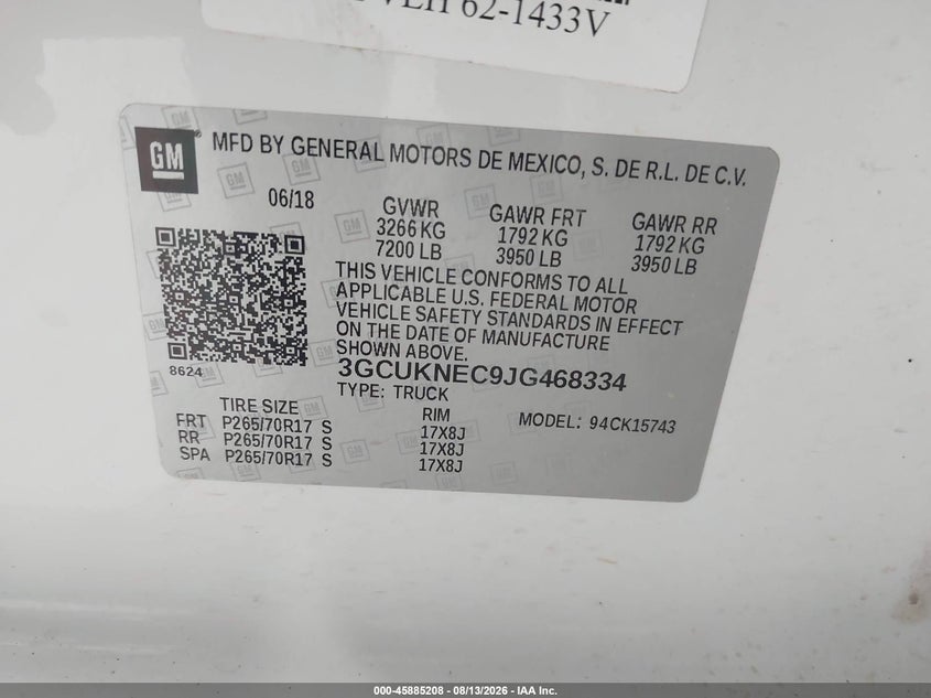 CHEVROLET SILVERADO 1500 2018 VIN 3GCUKNEC9JG468334
