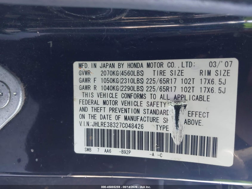 HONDA CR-V 2007 VIN JHLRE38327C048426