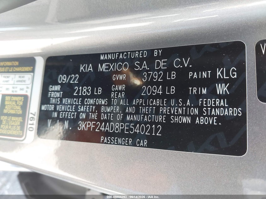 KIA FORTE 2023 VIN 3KPF24AD8PE540212