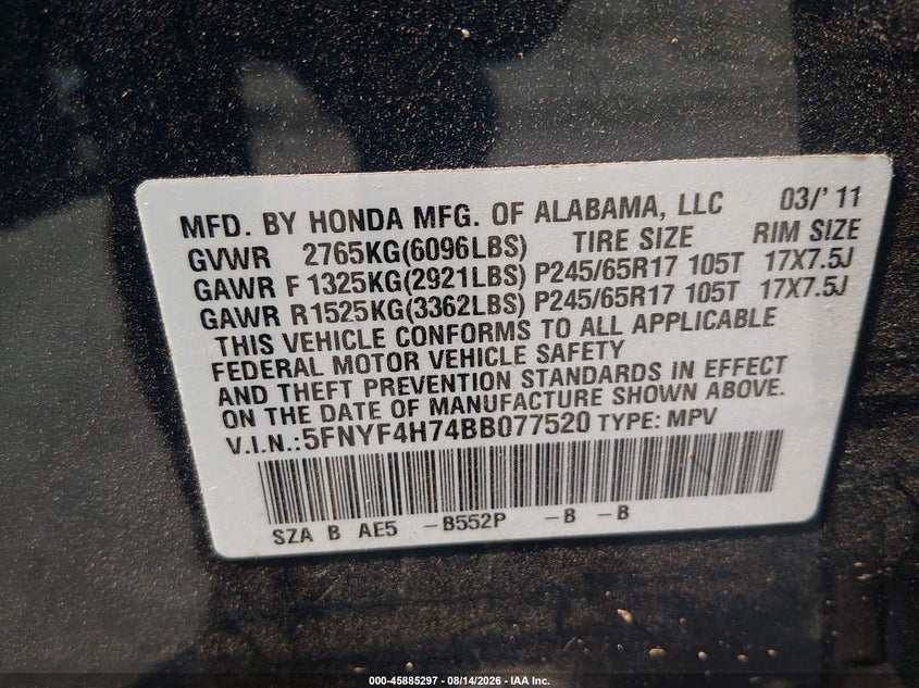 2011 HONDA PILOT SPORT UTILITY VEHICLE 3.5L V-6 VVT, 250HP