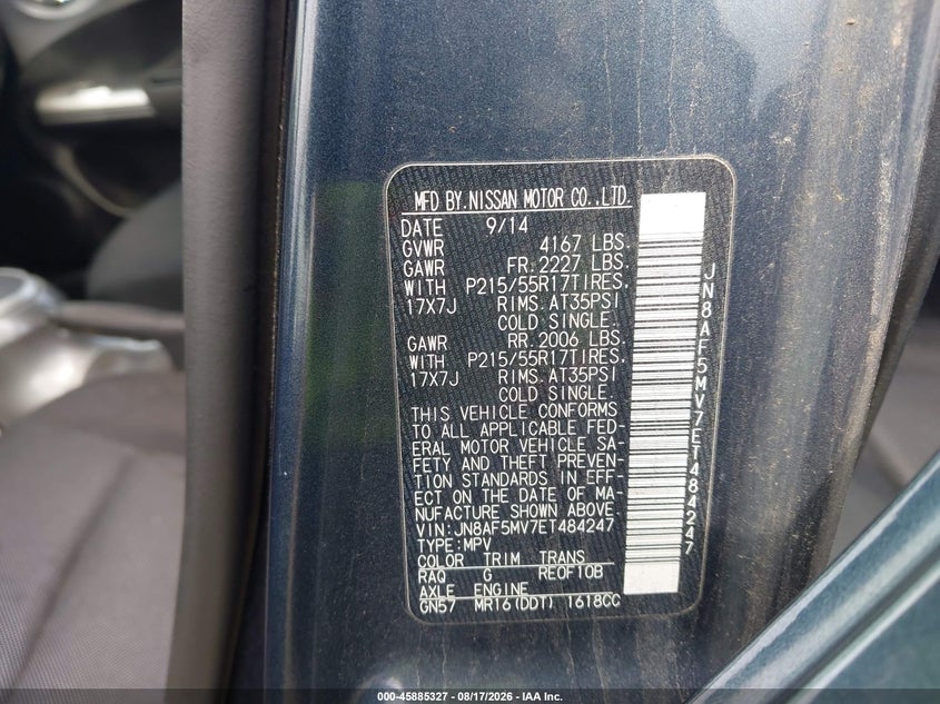 NISSAN JUKE 2014 VIN JN8AF5MV7ET484247