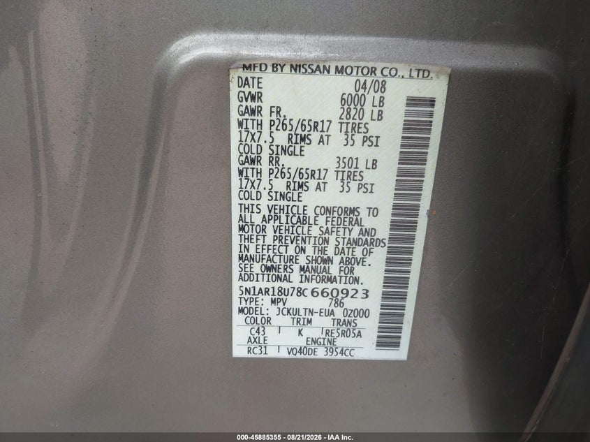 NISSAN PATHFINDER 2008 VIN 5N1AR18U78C660923