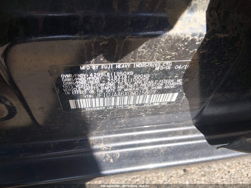 SUBARU IMPREZA 2016 VIN JF1GJAA6XGH015689