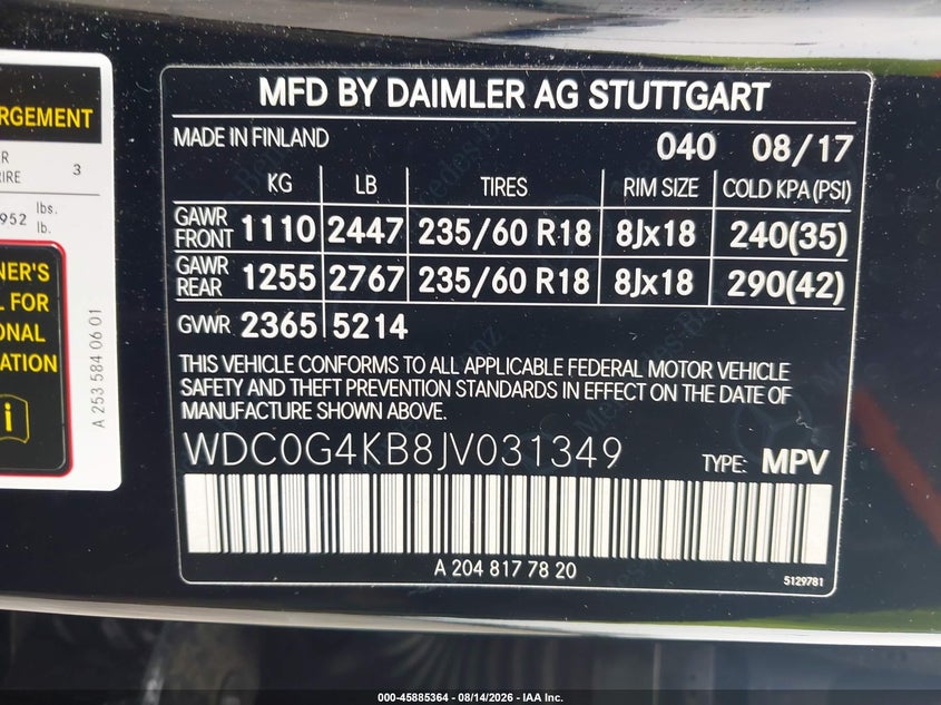 MERCEDES-BENZ GLC 300 2018 VIN WDC0G4KB8JV031349