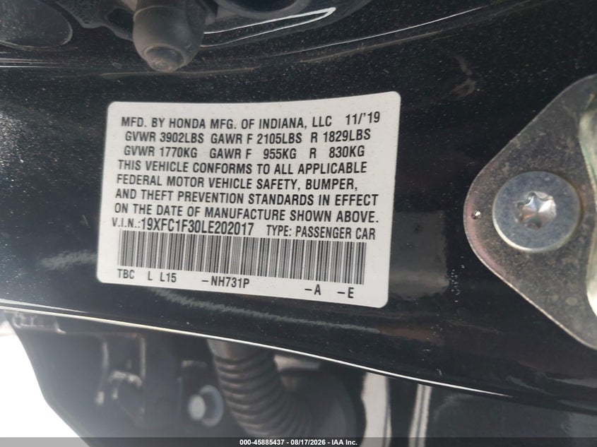 2020 HONDA CIVIC SEDAN 1.5L I-4 DI, DOHC, VVT, TURBO, 174HP