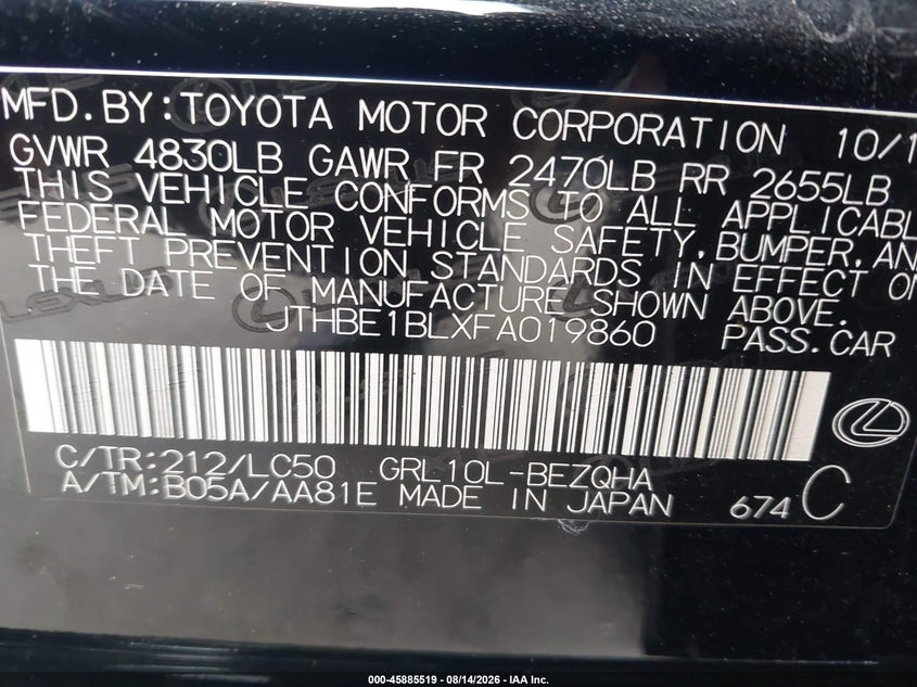 2015 LEXUS GS SEDAN 3.5L V-6 DI, DOHC, VVT, 306HP