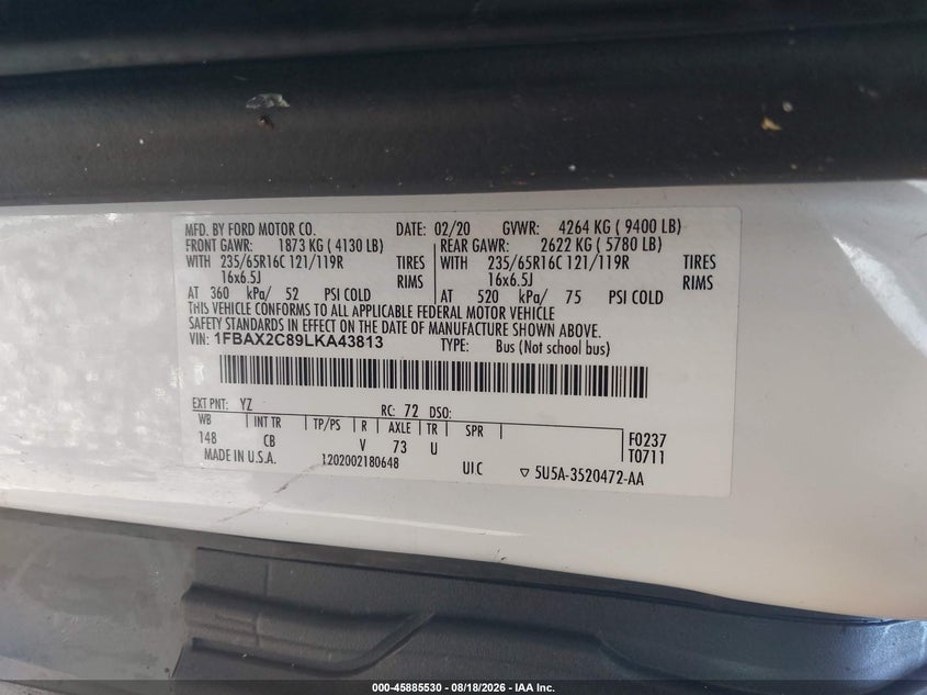 FORD TRANSIT-350 PASSENGER VAN 2020 VIN 1FBAX2C89LKA43813