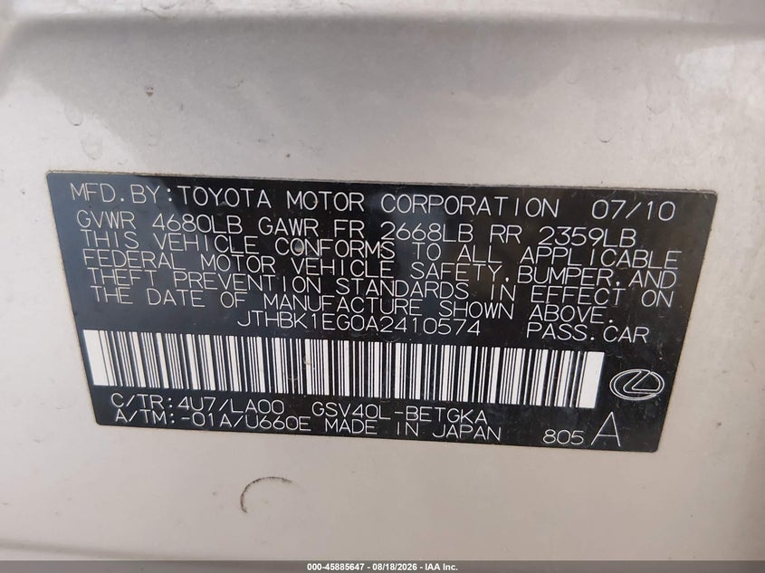 LEXUS ES 350 2010 VIN JTHBK1EG0A2410574