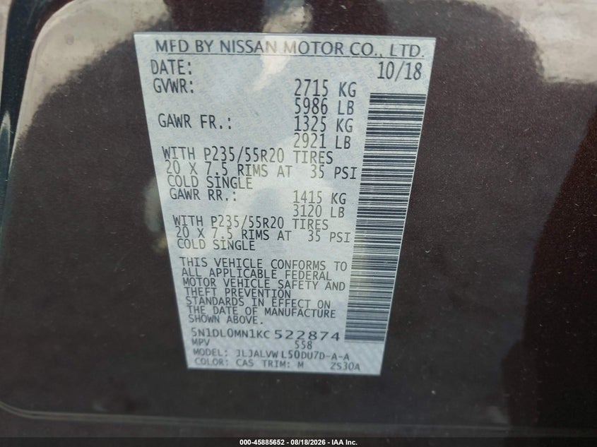 INFINITI QX60 2019 VIN 5N1DL0MN1KC522874