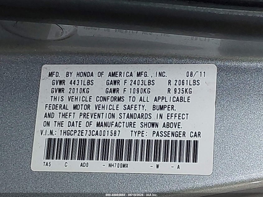 2012 HONDA ACCORD SEDAN 2.4L I-4 DOHC, VVT, 190HP