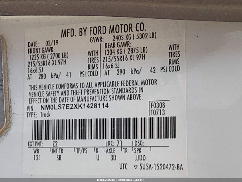 2019 FORD TRANSIT CONNECT VAN 2.0L I-4 DI, DOHC, VVT, 162HP