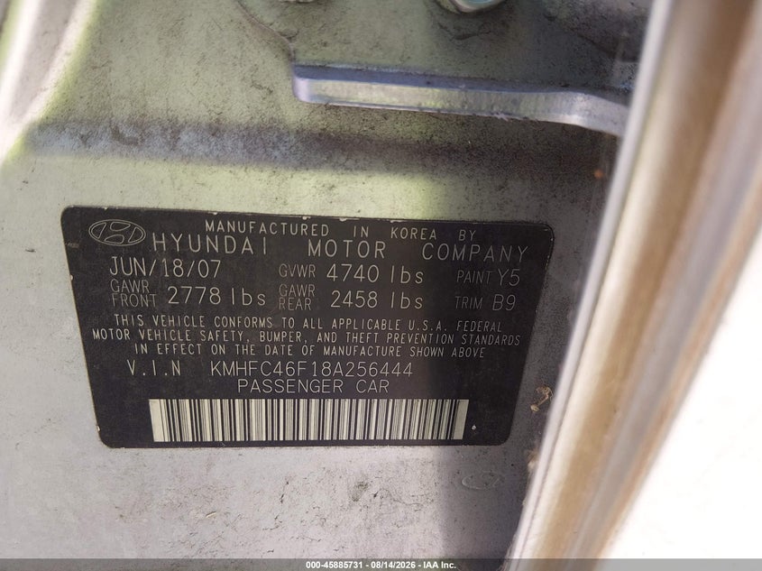 HYUNDAI AZERA 2008 VIN KMHFC46F18A256444
