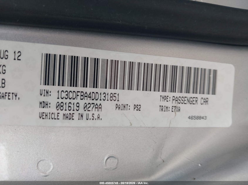 DODGE DART 2013 VIN 1C3CDFBA4DD131851