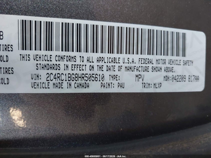 CHRYSLER PACIFICA 2017 VIN 2C4RC1BG8HR505610