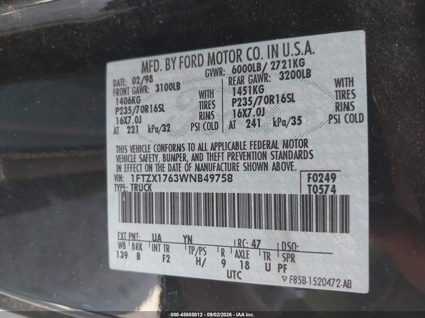 FORD F-150 1998 VIN 1FTZX1763WNB49758