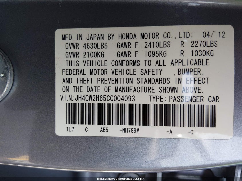 2012 ACURA TSX WAGON 2.4L I-4 DOHC, VVT, 201HP