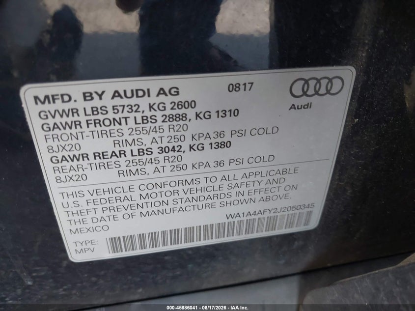 AUDI SQ5 2018 VIN WA1A4AFY2J2050345