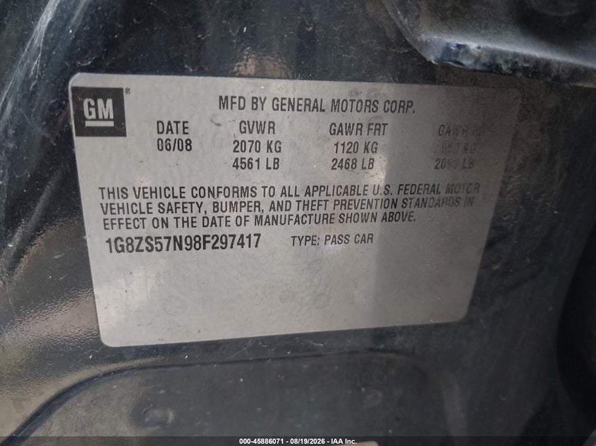 SATURN AURA 2008 VIN 1G8ZS57N98F297417