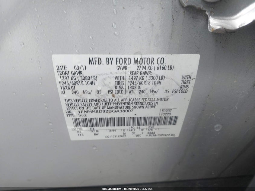 FORD EXPLORER 2011 VIN 1FMHK8D82BGA38007