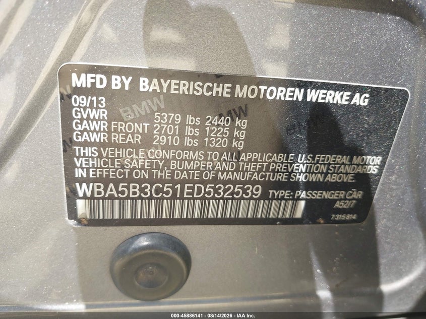 BMW 535I 2014 VIN WBA5B3C51ED532539