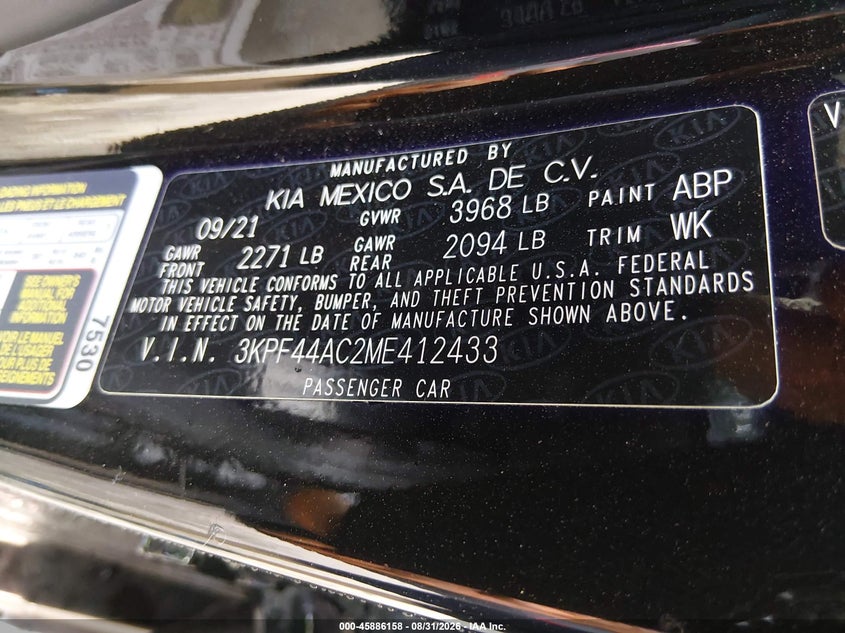 KIA FORTE 2021 VIN 3KPF44AC2ME412433